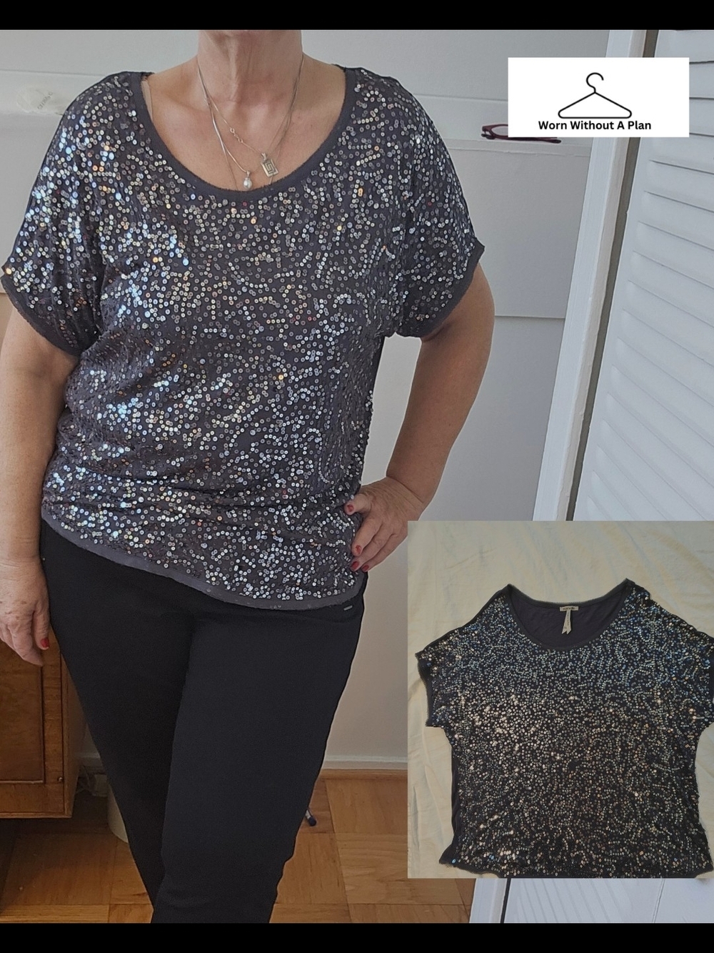 Sequined Short Sleeve Women’s Top - Charcoal Gray Size 1X